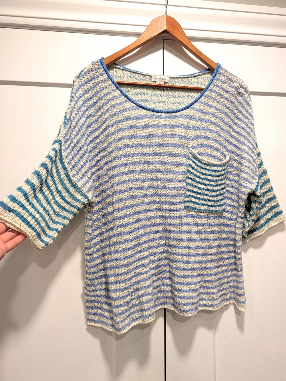 SUNDANCE Women's Blue and Cream Striped Colorblock Open Knit Sweater with Pocket